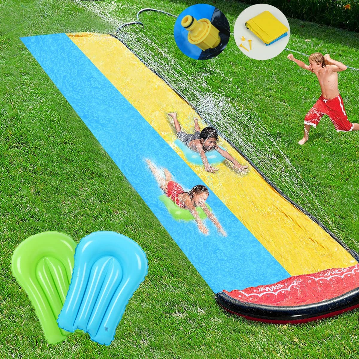 Lavinya Slip and Slide 16FT Inflatable Backyard Water Slide With Big Racing Lane Lawn Waterslide For Adults and Kids Pool Water Slides with Crash pad, Splash Sprinkler with 2 Slide Boogies