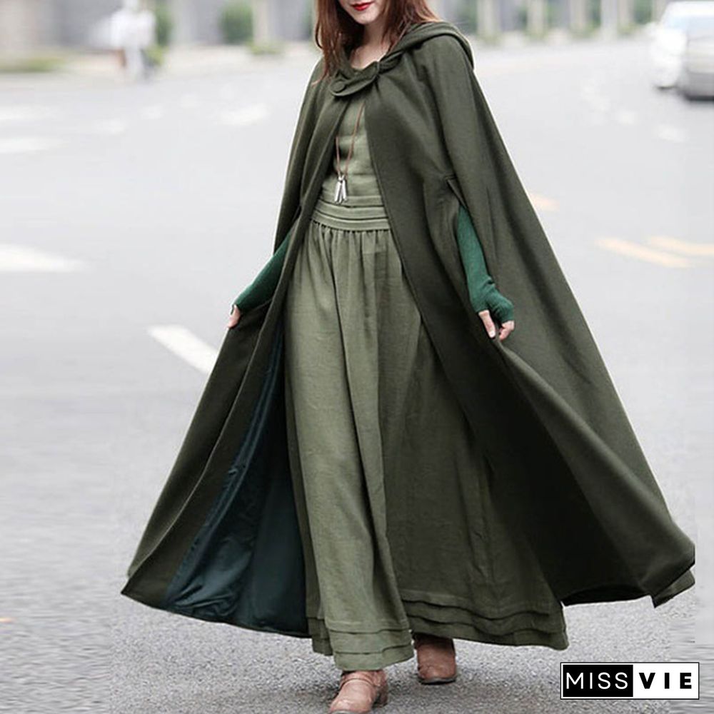 ZANZEA Cosplay Novel Shawl Pluvial Cocktail Long Coat Women Hooded Cloak Button Robe