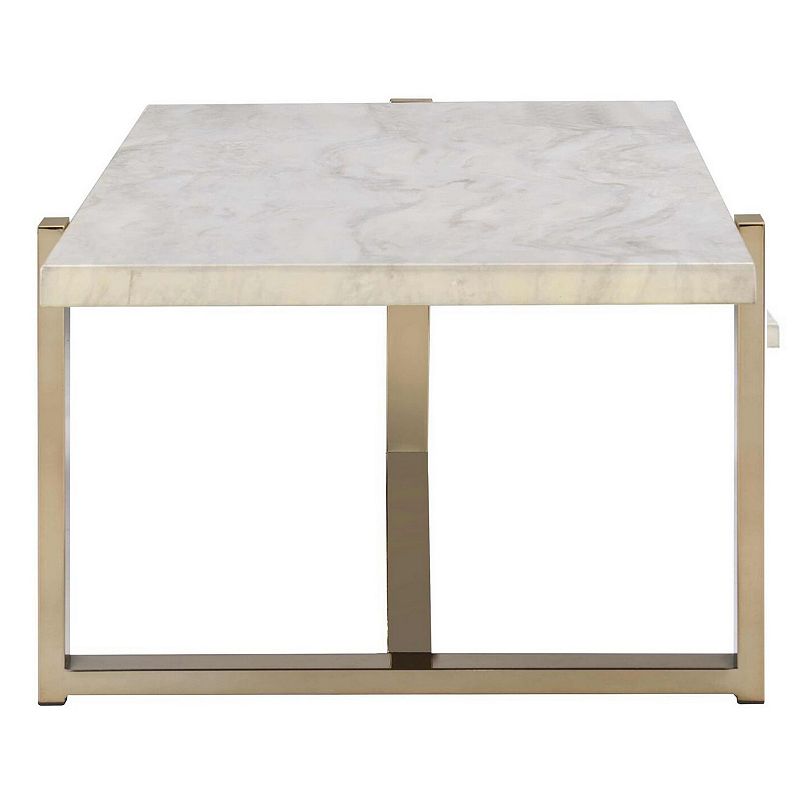 Modern Metal Framed Coffee Table with Faux Marble Top， White and Gold