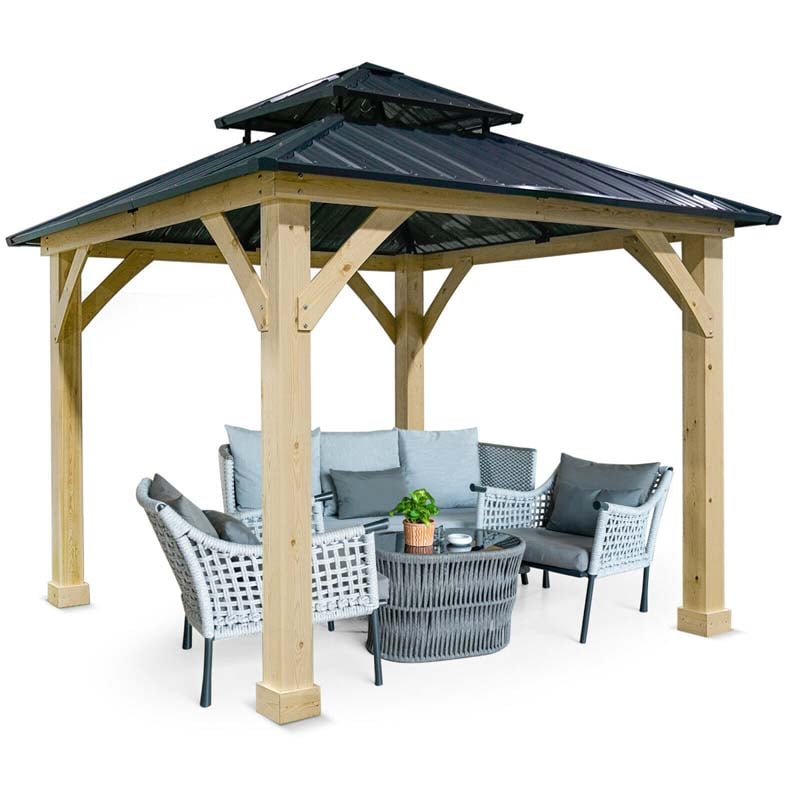 10 x 10 FT Outdoor Patio Hardtop Gazebo with Wood Frame & 2-Tier Metal Roof, All-Weather Gazebo Pergolas Shelter