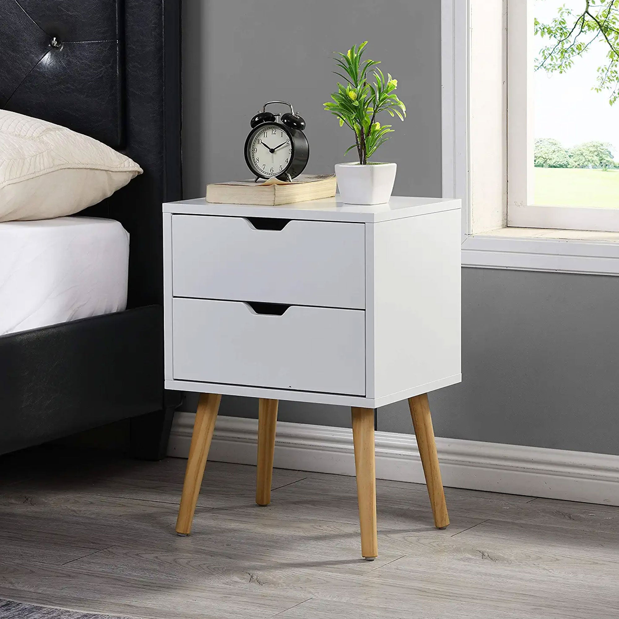 Sweetgo Modern Wooden Nightstand Table w/2 Storage Drawers, White, Set of 2