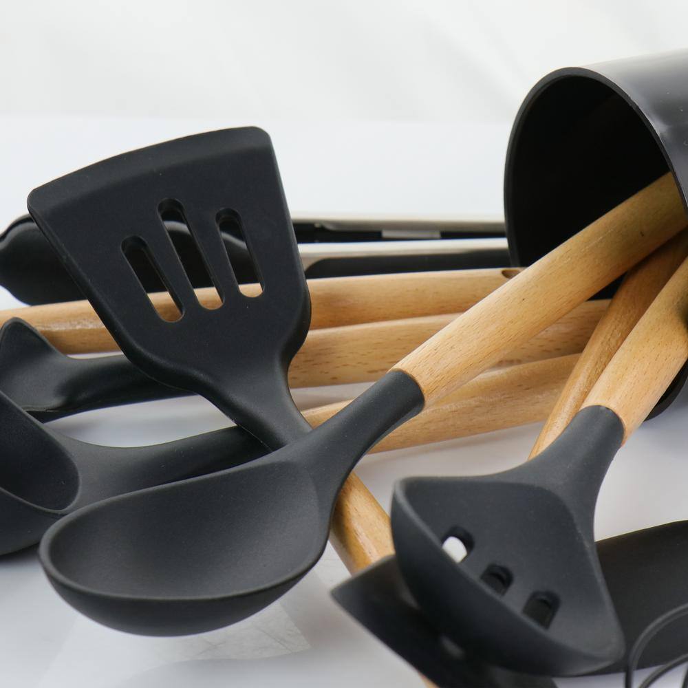 MegaChef Black Silicone and Wood Cooking Utensils (Set of 12) 985114360M