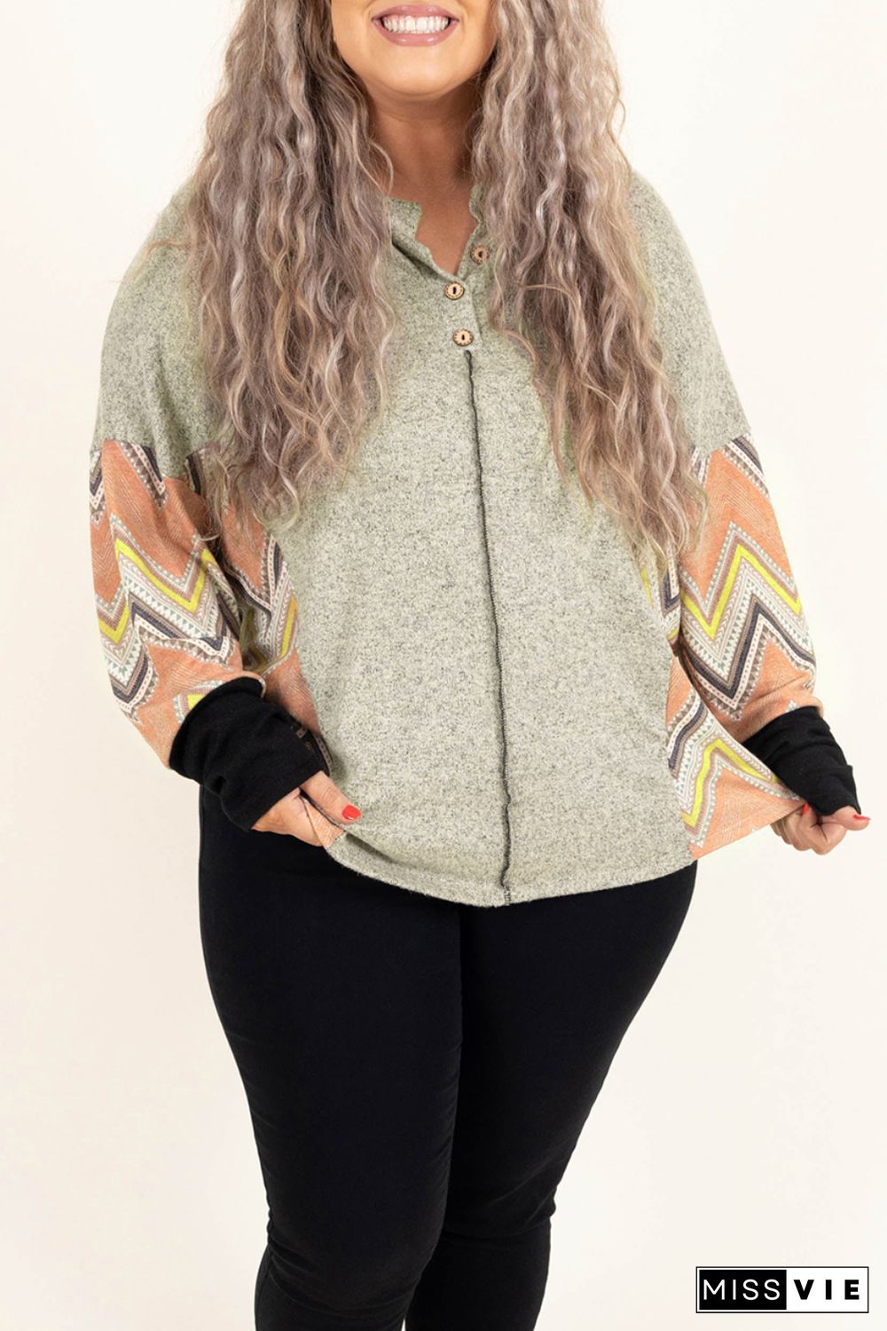 Gray Plus Size Chevron Sleeves Top