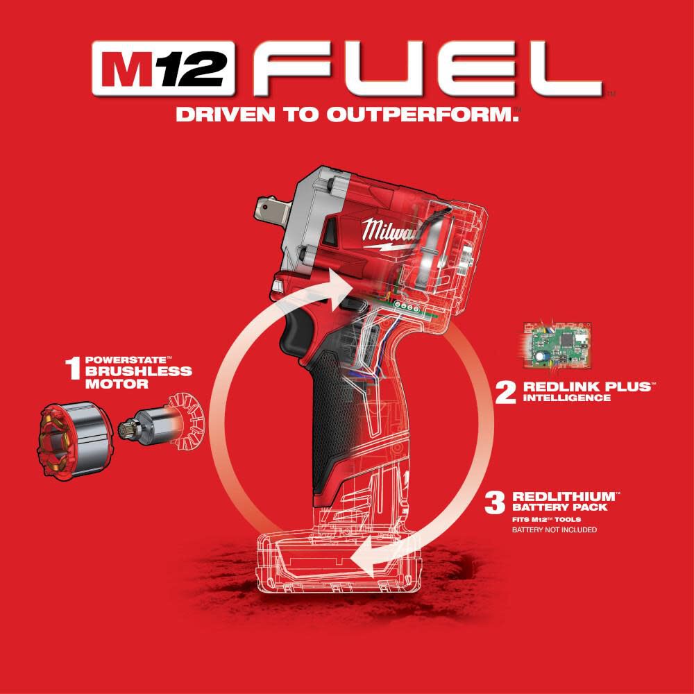 Milwaukee M12 FUEL Stubby 1/2" Pin Impact Wrench Reconditioned 2555P-80 from Milwaukee