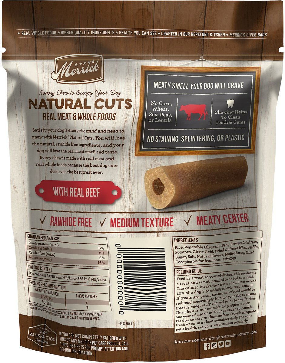 Merrick Natural Cuts Large Real Beef Flavor Rawhide Free Dog Treats， 3 count