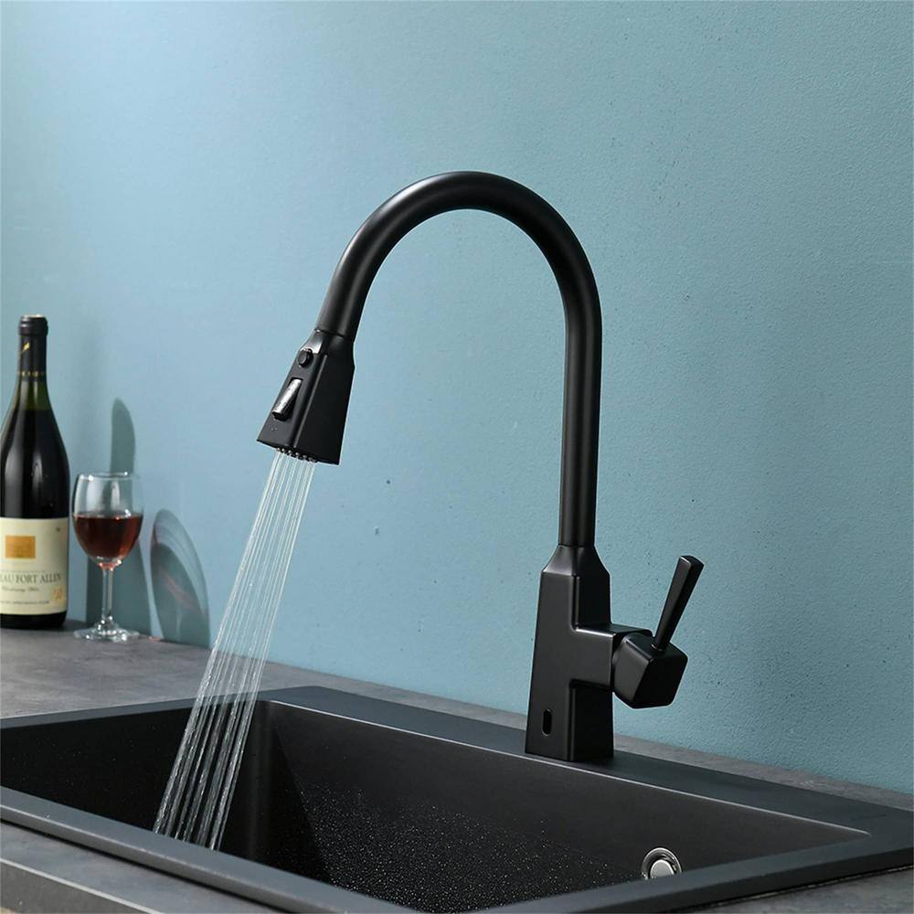 FLG Touchless Pull Down Kitchen Faucet With Sprayer Matte Black Kitchen Sink Faucet 1-Hole Smart Modern Vanity 1 Handle Taps CC-0002-MB