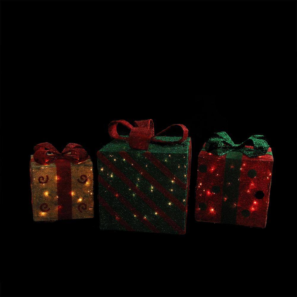 18.75 in. Christmas Outdoor Decorations Lighted Sparkling Gold Green and Red Sisal Gift Boxes (3-Pack) 32283872