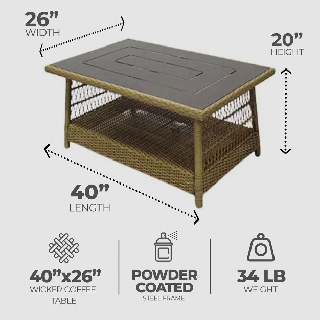 X 26 quot Rectangular All weather Outdoor Open Weave Wicker Coffee Table With Decorative Top And Bottom Shelf Brown