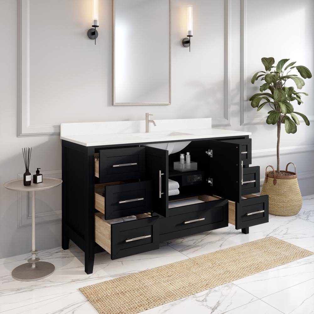 ART BATHE Houston 60 in. W x 22 in. D Bath Vanity in Espresso Diamond Quartz Top with White Sink Power Bar and Drawer Organizer HU60ES