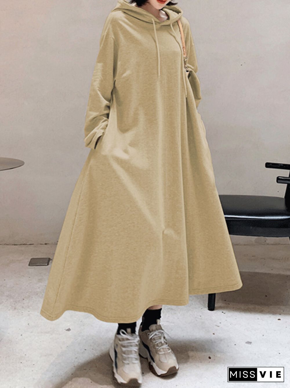 Solid Color Hooded Pockets Casual Loose Long Hoodie Dress