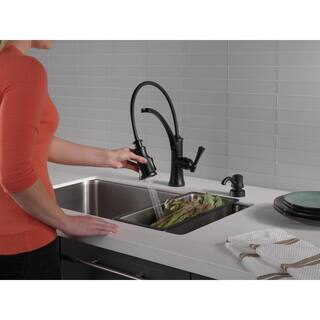 Delta Foundry Single-Handle Pull-Down Sprayer Kitchen Faucet with ShieldSpray and Soap Dispenser in Matte Black 19744Z-BLSD-DST