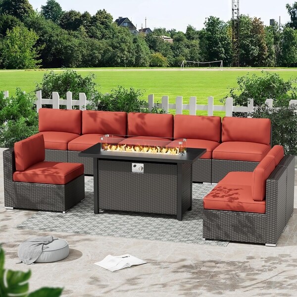 9Piece Outdoor Patio Furniture Sectional Sofa Set with Fire Pit Table