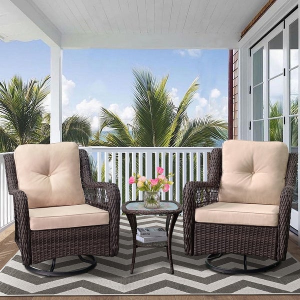 3-Pieces Conversation Set， Outdoor Wicker Rocker Swivel Patio Bistro Set， Rocking Chair with Glass Top Side Table for Garden - Overstock - 38006827