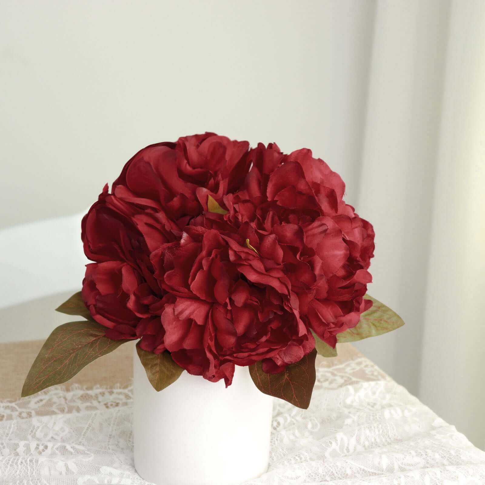 2 Bushes Burgundy Artificial Silk Peony Flower Bouquets, Real Touch Peonies Spray 17