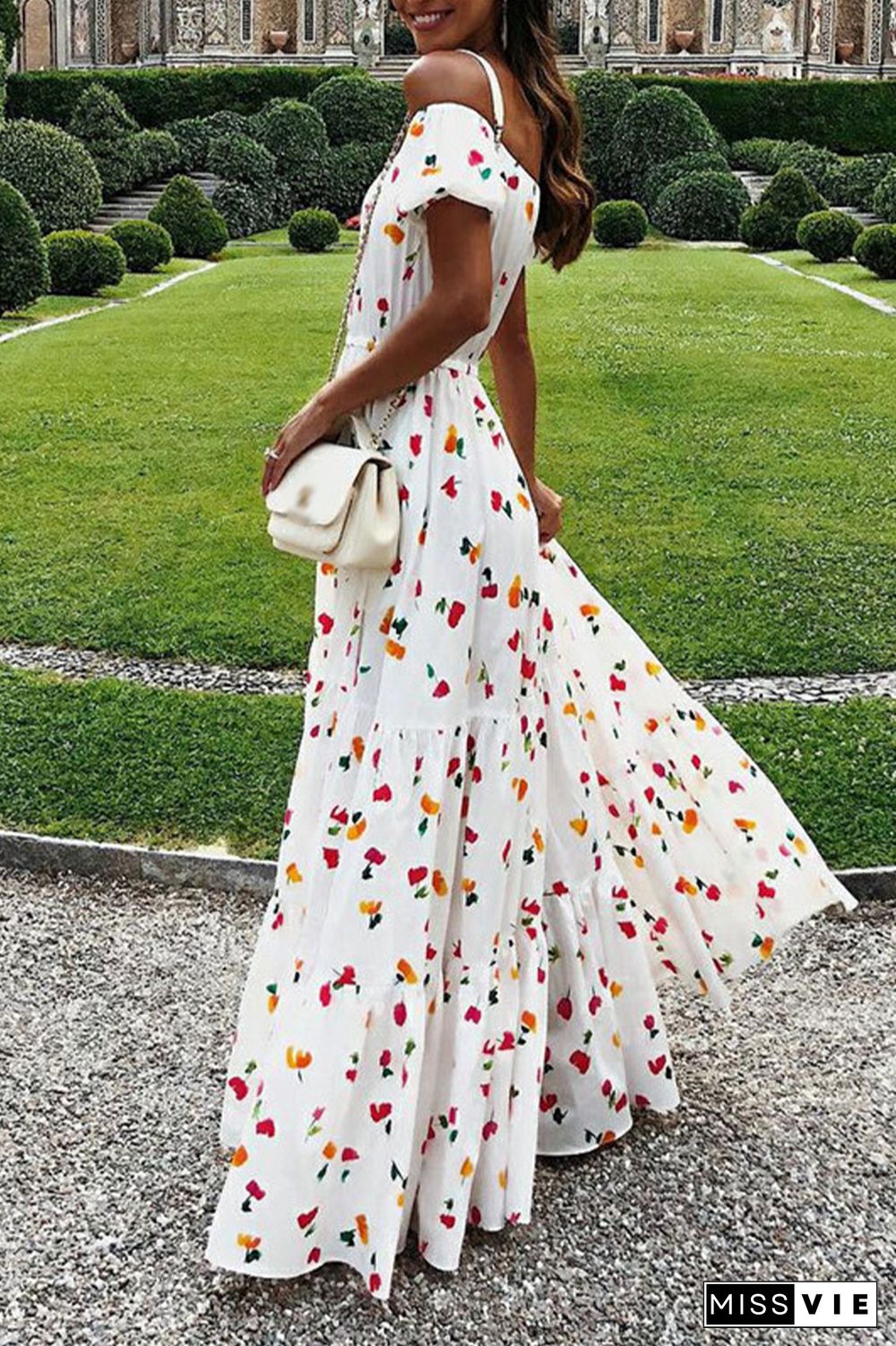 Casual Print Patchwork Off the Shoulder Waist Skirt Dresses