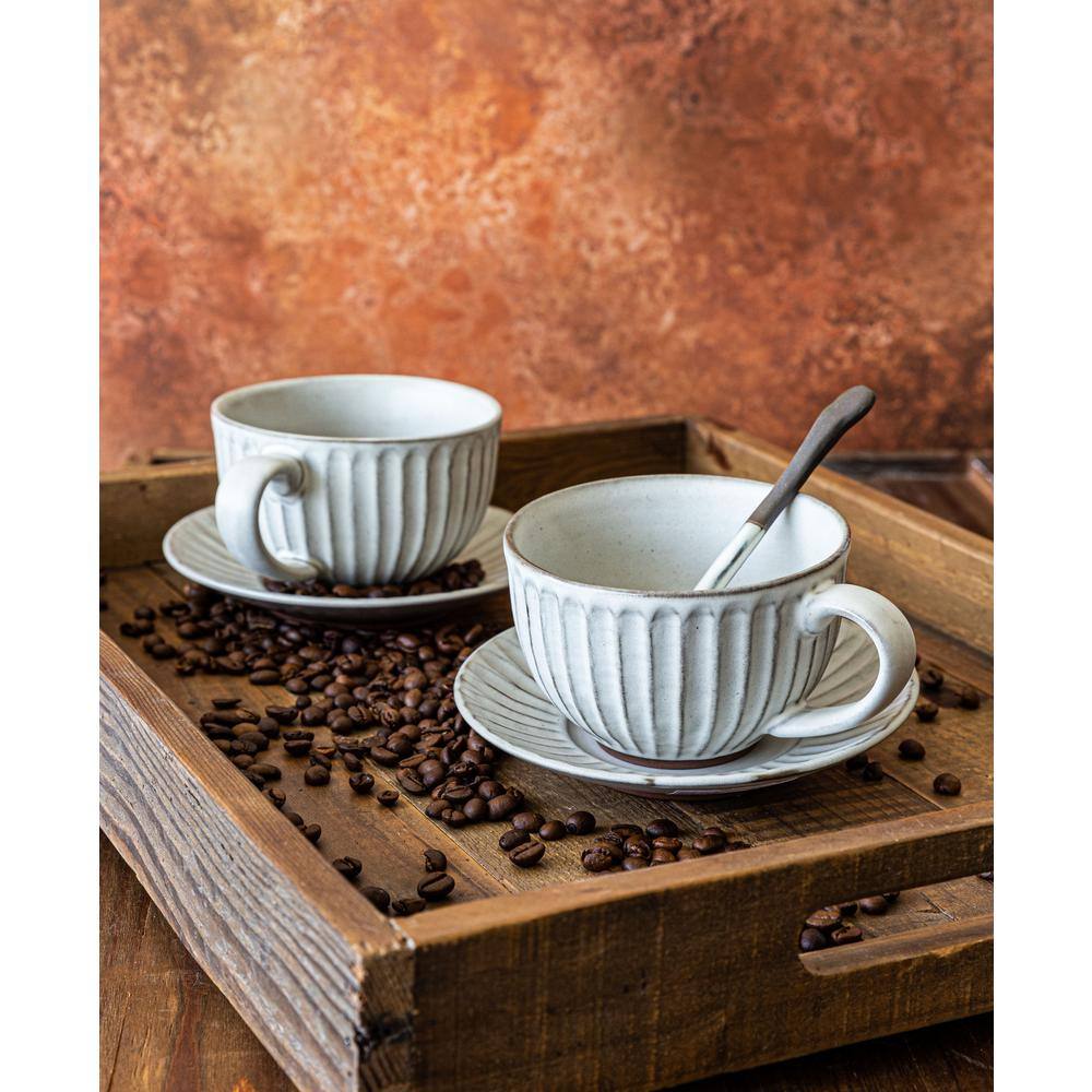 Over and Back 13.8 oz. GrayCream Stoneware Cup and Saucer (Set of 4) 933174