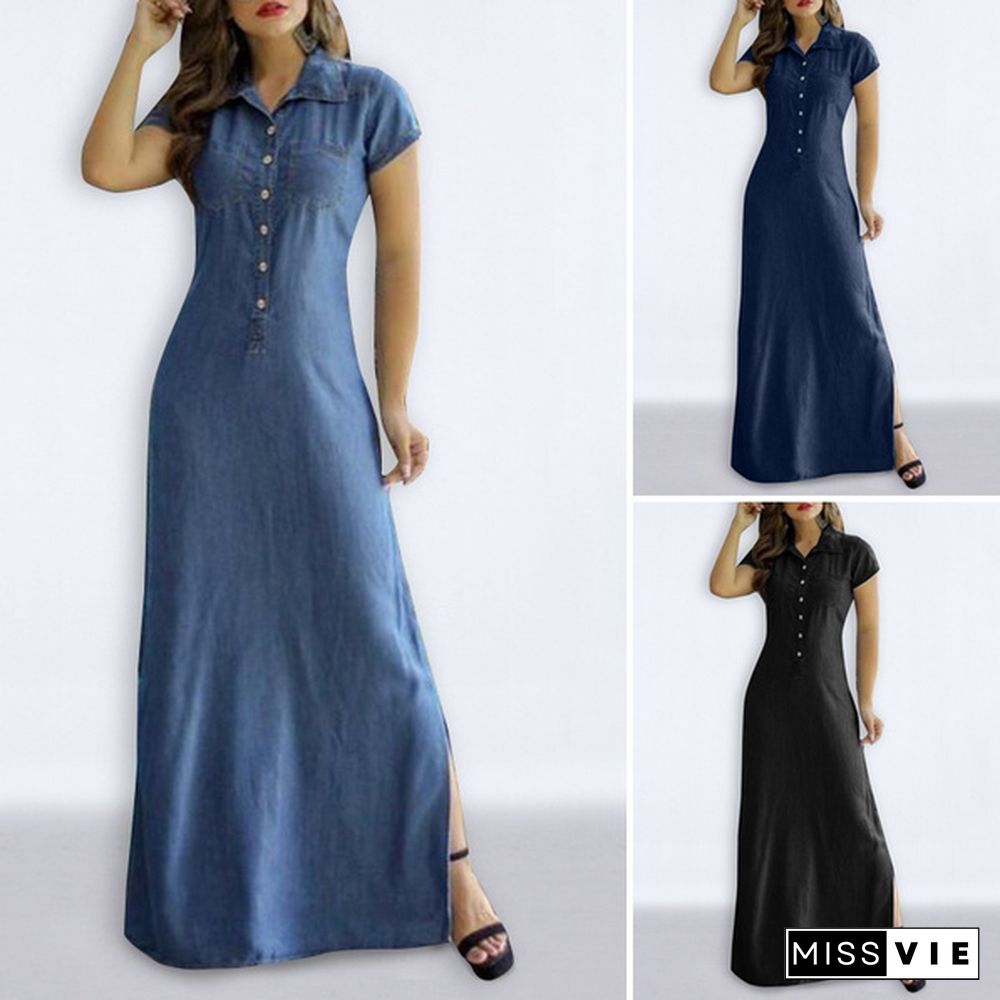 Plus Size Women Short Sleeve Lapel Button Up Denim Shirt Dress Fashion Side Slit Holiday Party Tunic Maxi Dresses Robe Femme