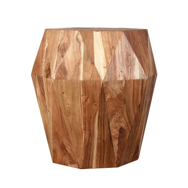 Bon 22 Inch Artisanal End Side Table， Multifaceted Solid Acacia Wood， Octagon Top， Natural Brown