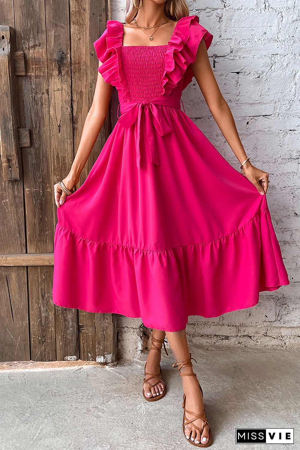 Rose Smocked Ruffles Midi Dress With Sash