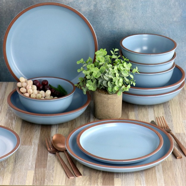 Soho Lounge Lagos 16 Piece Terracotta Double Bowl Dinnerware Set In Solid Matte Blue