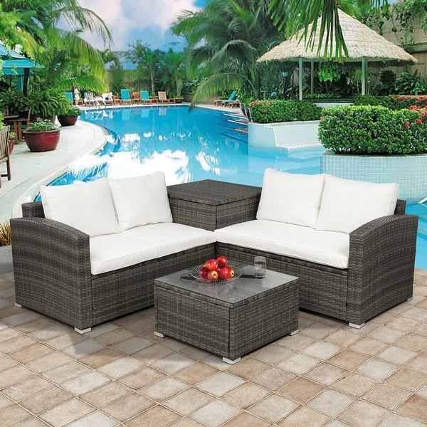 4 Pieces Outdoor Patio Furniture Set with Storage Box and Coffee Table， PE Rattan Wicker Sectional Sofa Set with 4 Back Cushions - Overstock - 37928674