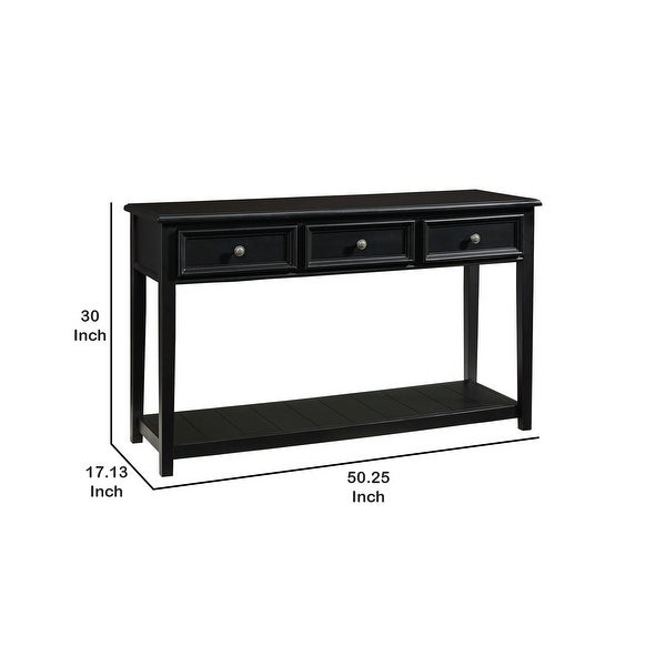 Billy 50 Inch Sofa Console Table， 3 Drawers and Plank Style Shelf， Black