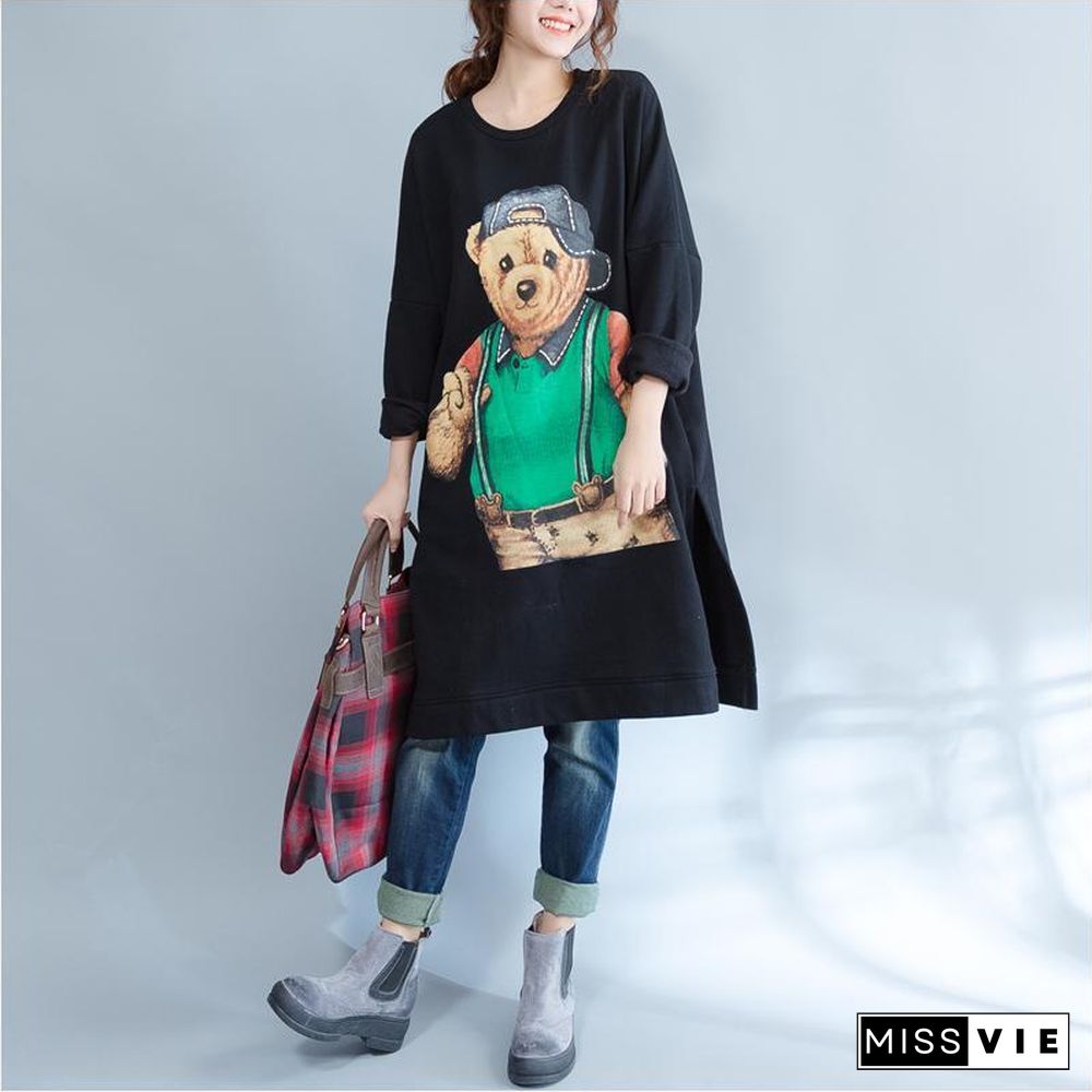 plus size casual black cartoon print cotton dresses long sleeve mid long t pullover