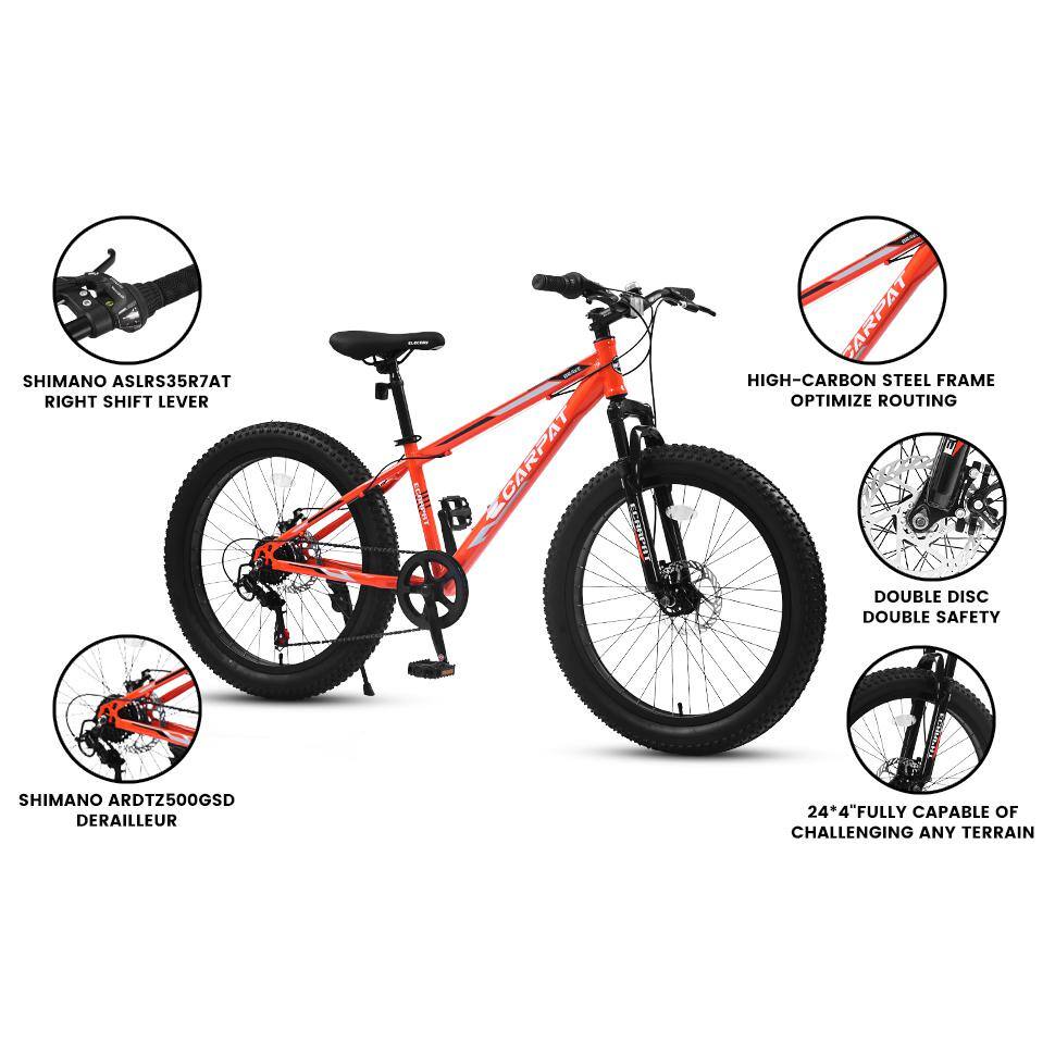 Afoxsos RedGray 24 Inch Fat Tire Mountain City Bike with High-Carbon Steel Frame Full Shimano 7 Speeds Dual Disc Brake HDMX3012