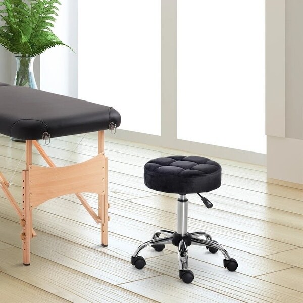 Black Button Tufted Adjustable Rolling Massage Swivel Salon Stool - 13.75 in D x 19.25 in - 24 in H