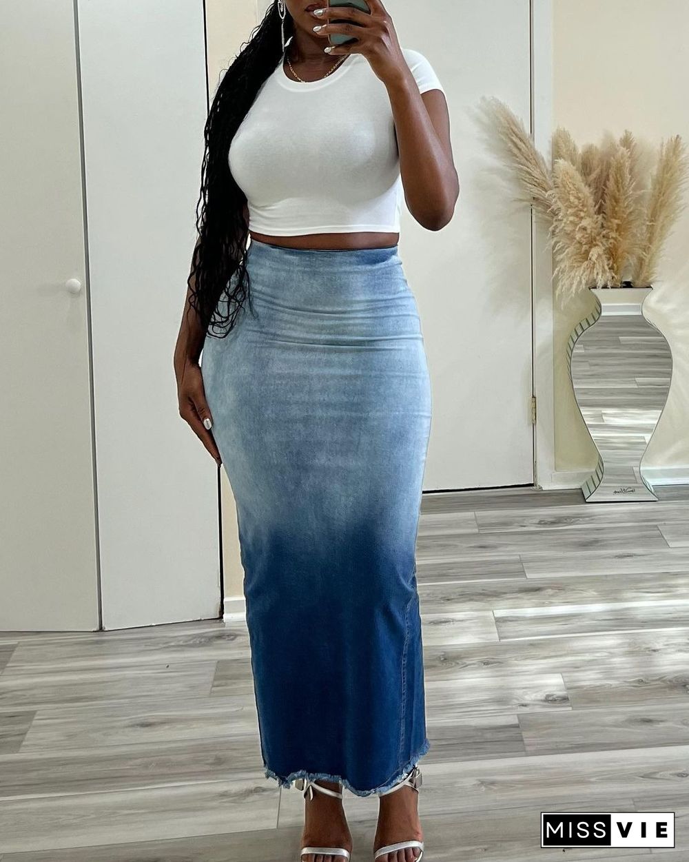 Gradient Print High Waist Slit Denim Skirt