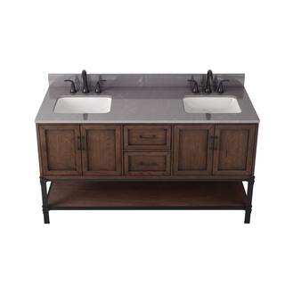 Home Decorators Collection Alster 60in. W x 22in. D x 35in. H Double Vanity in Brown Oak with Engineered Calacatta Grey Marble Top and White Sinks TJ-0401V6022BR