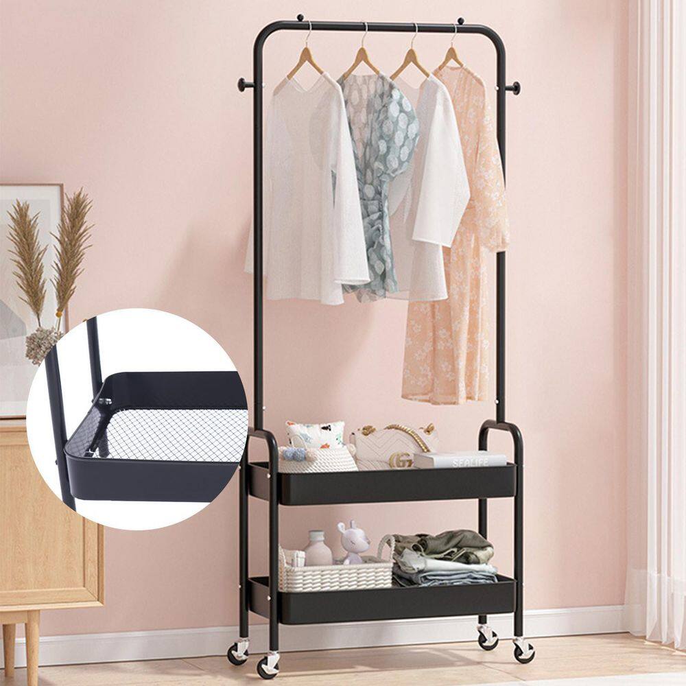 YIYIBYUS 2-Tier Carbon Steel 4-Wheeled 2-In 1 Freestanding Garment Rack in Black HG-WMT-8549