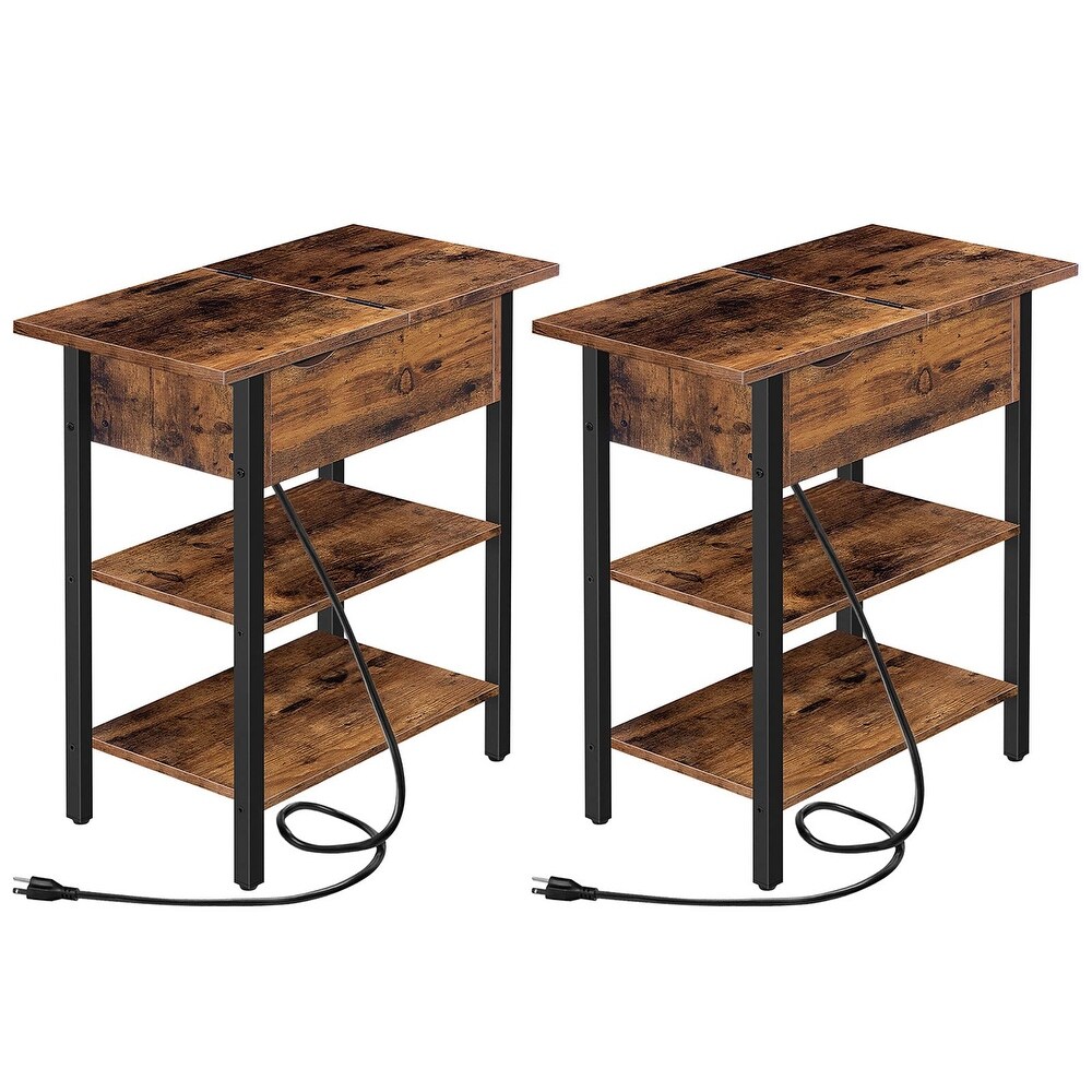 Set of 2 Side Tables  Flip End Table with Charging Station  USB Ports   Power Outlets  Narrow Nightstand for Small Spaces