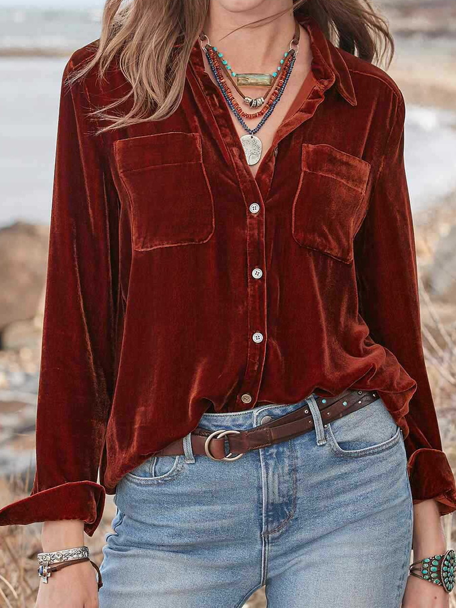 Casual Fashion Lapel Long Sleeve Velvet Shirt