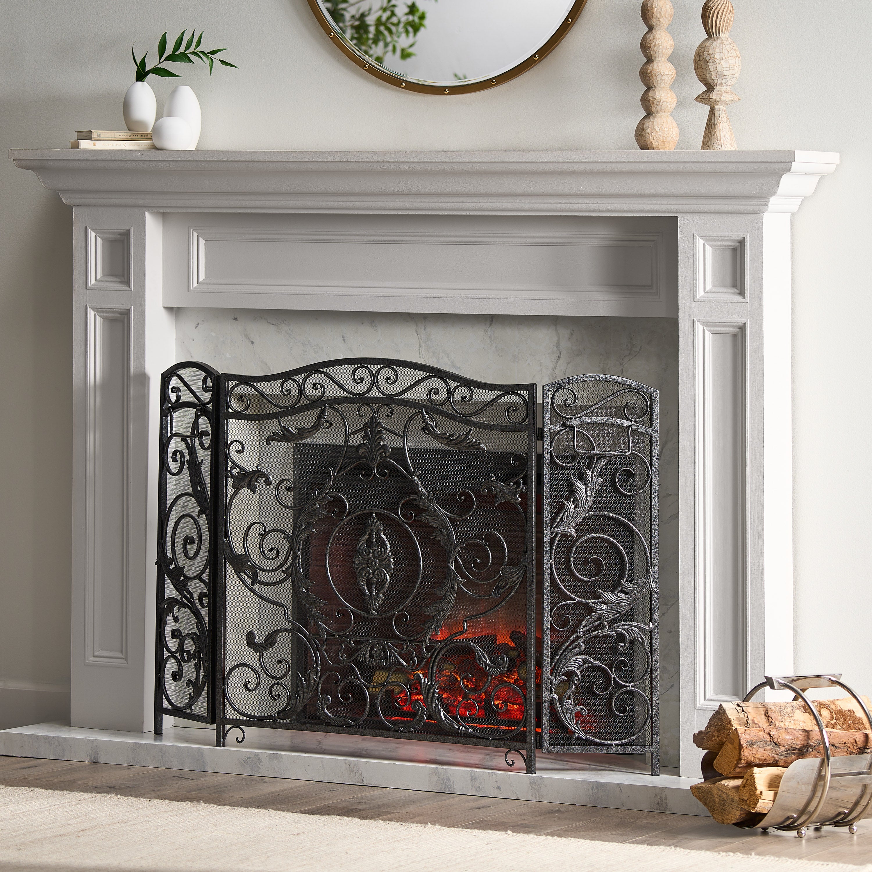 Waterbury Traditional Iron Fireplace Screen, Silver on Black