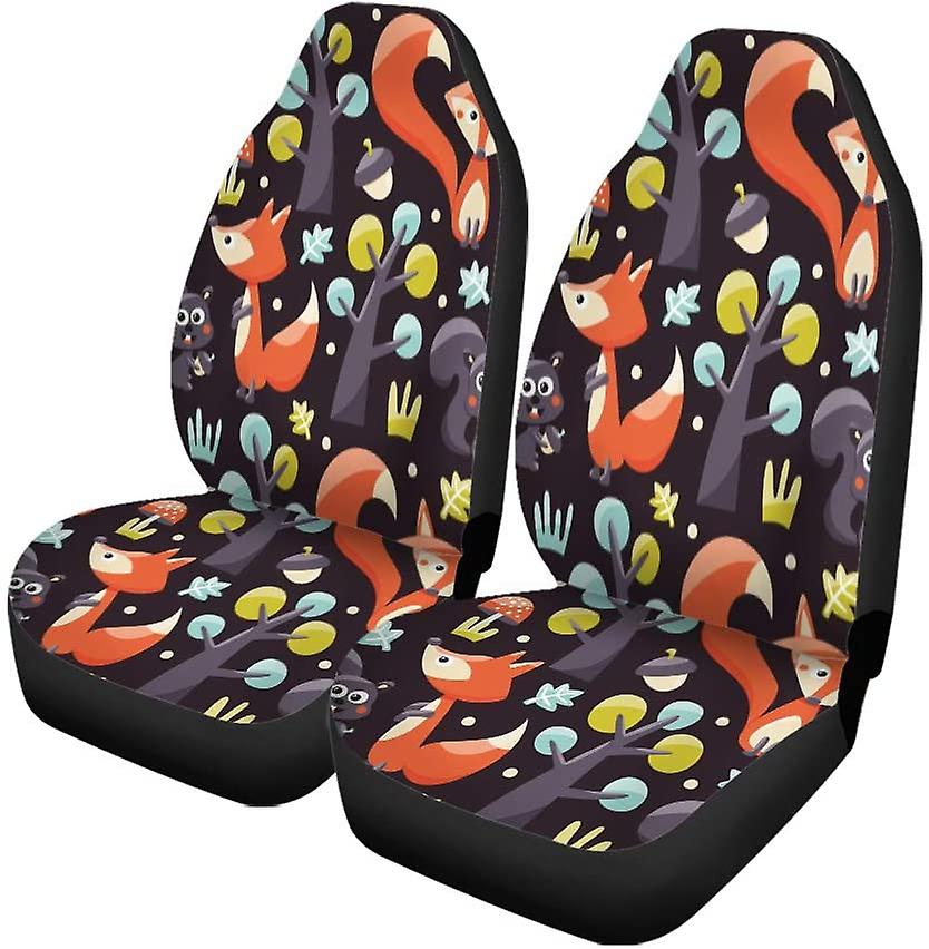 Set Of 2 Car Seat Covers Colorful Fox Foxes Squirrels Trees Acorns And Leafs Branch Universal Auto Front Seats Protector Fits