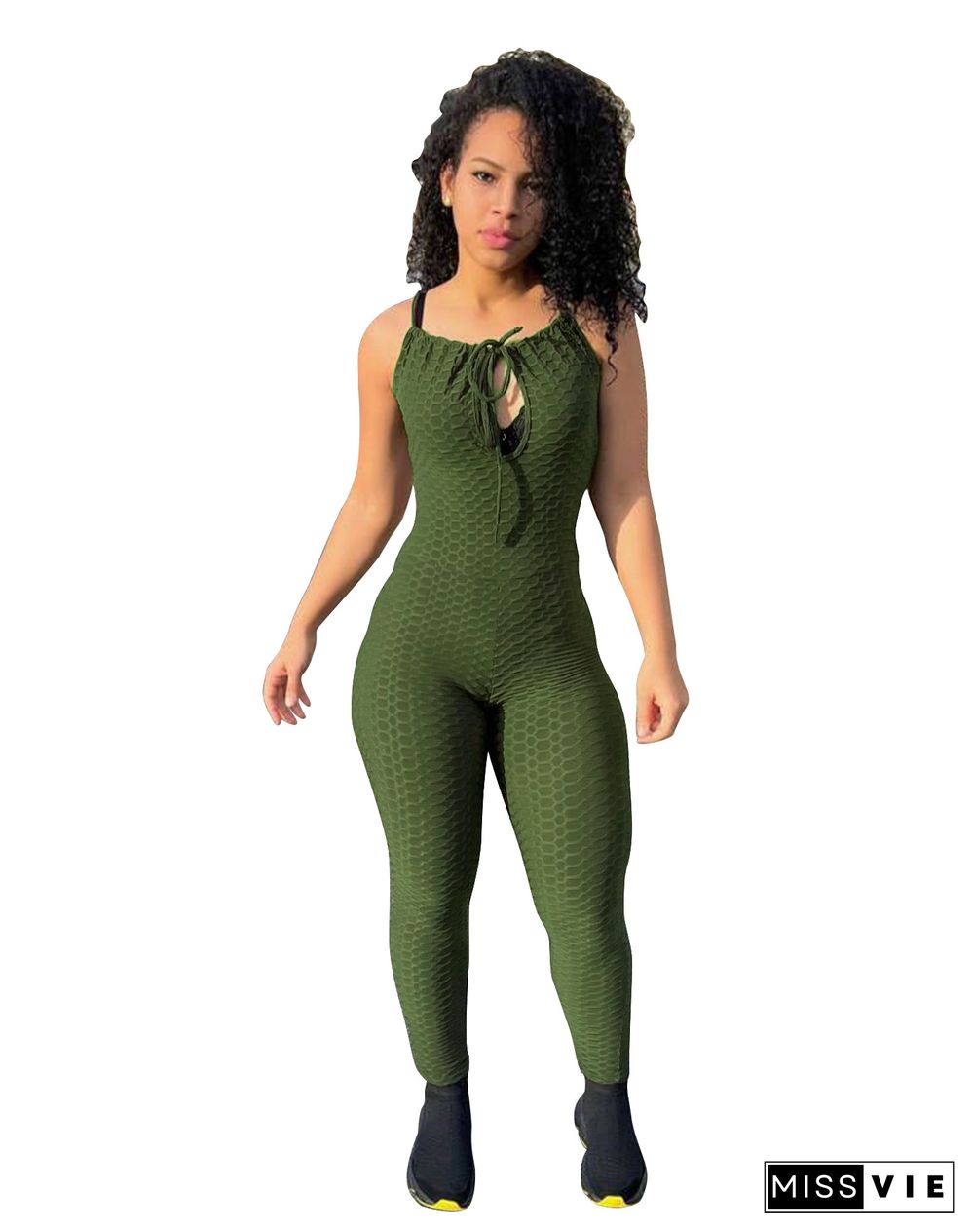 Solid Sleeveless Stretchy Fitness One Piece Jumpsuit