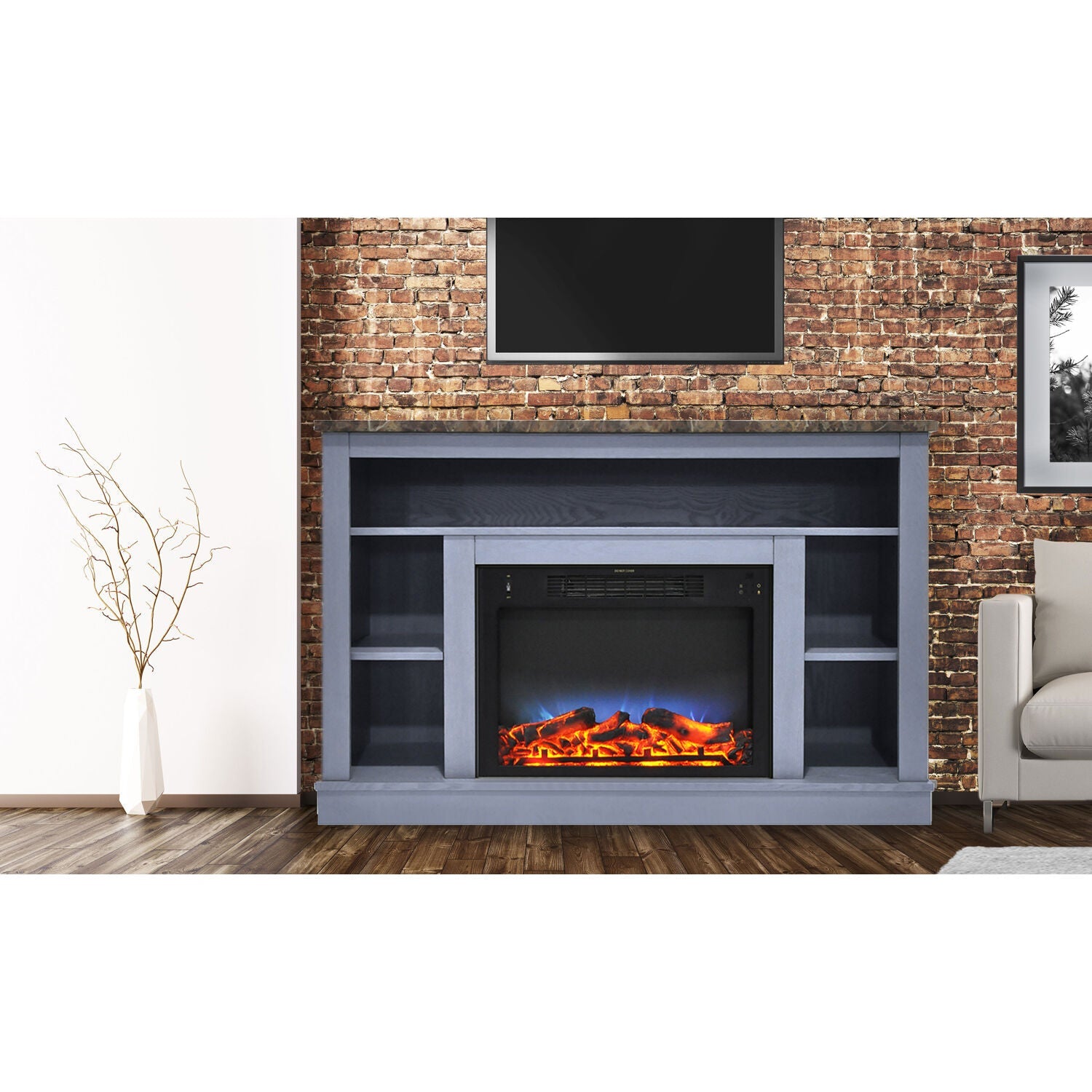 Cambridge Seville 47'' Freestanding Electric Multi-Color LED Fireplace with Log Insert, Remote | Slate Blue Mantel | For Rooms up to 210 Sq.Ft. | Adjustable Heat Settings | Timer