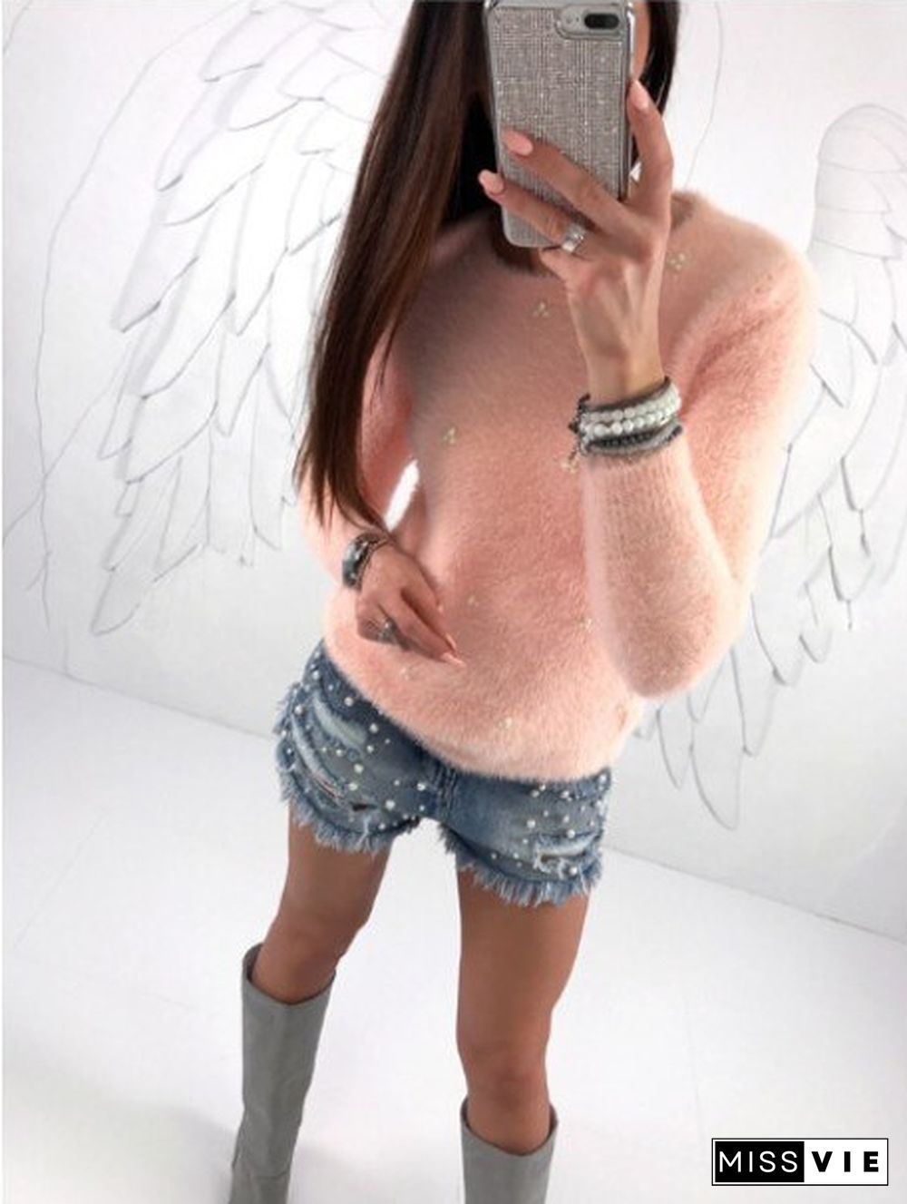 Multicolor Fashion Sweaters Women Solid Color Plush Beaded Long Sleeve Pullover Jumper Long Sleeve Top