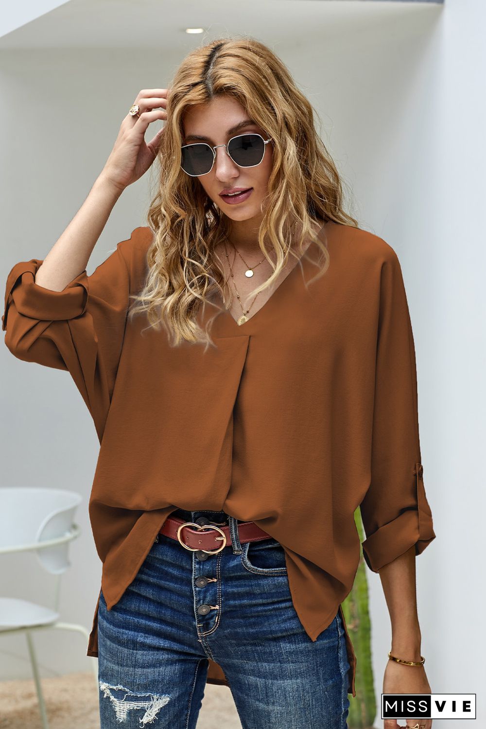 Brown V Neck 3/4 Sleeve High Low Hem Shirt