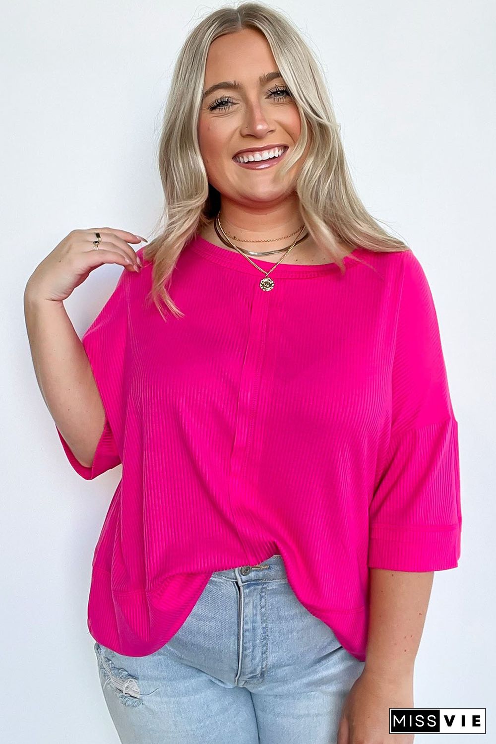 Pink Plus Size Ribbed 3/4 Sleeves Flowy Top