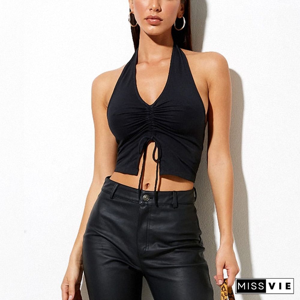 Fashion Women Solid V-Neck Sexy Halter Tank Tops  Knitted Ruched Drawstring Crop Slim Fit Camisole Club Summer Streetwear