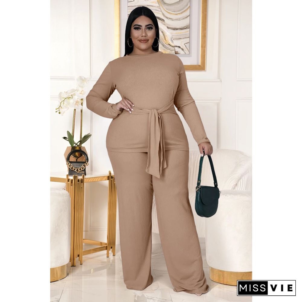 Knitted Bandage T Shirt Wide Leg Pants Plus Size Set