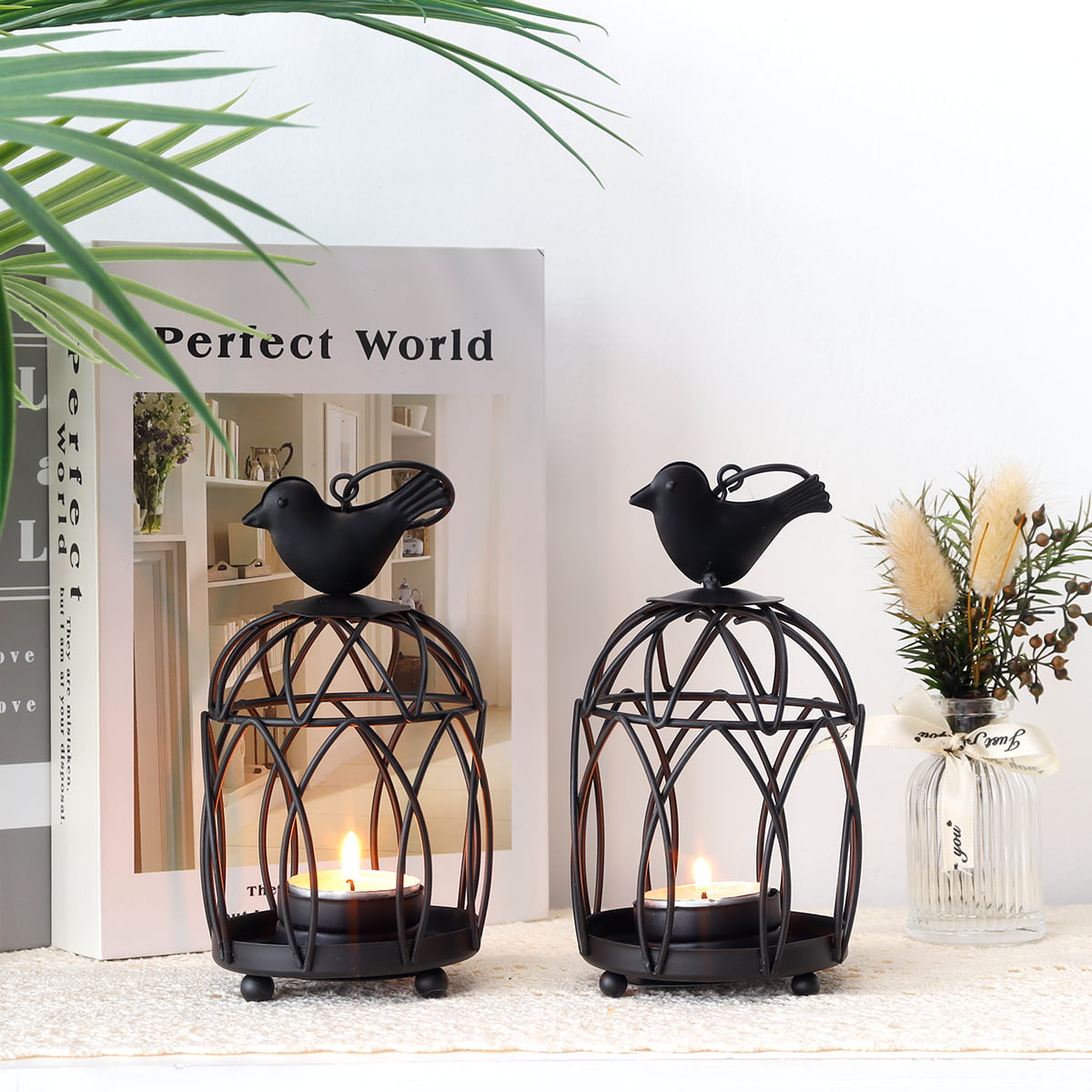 JHY DESIGN Set of 2 Small Metal Outdoor Candle Lantern， Decorative Candlestick Holders， Birdcage Votive and Tealight Candle Holder (Black)