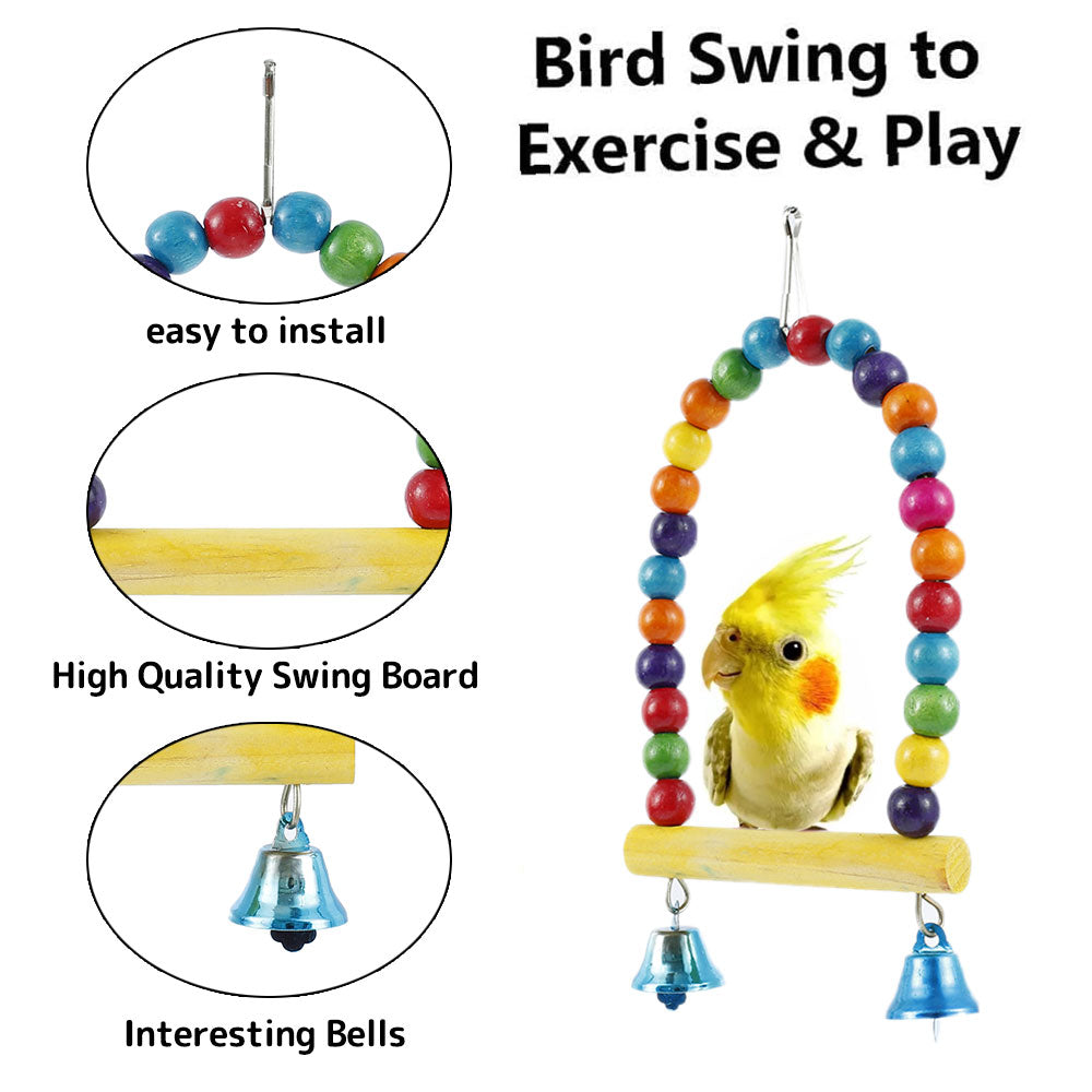 Willstar 6Pcs Bird Parrot Toys， Hanging Bell Pet Bird Cage Hammock Swing Toy Wooden Perch Chewing Toy for Parrots， Birds， Finches