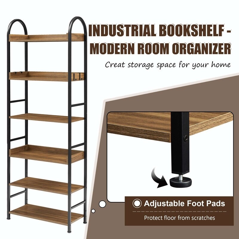 70.8 Inch Tall Bookshelf  6 tier Shelves with Round Top Frame