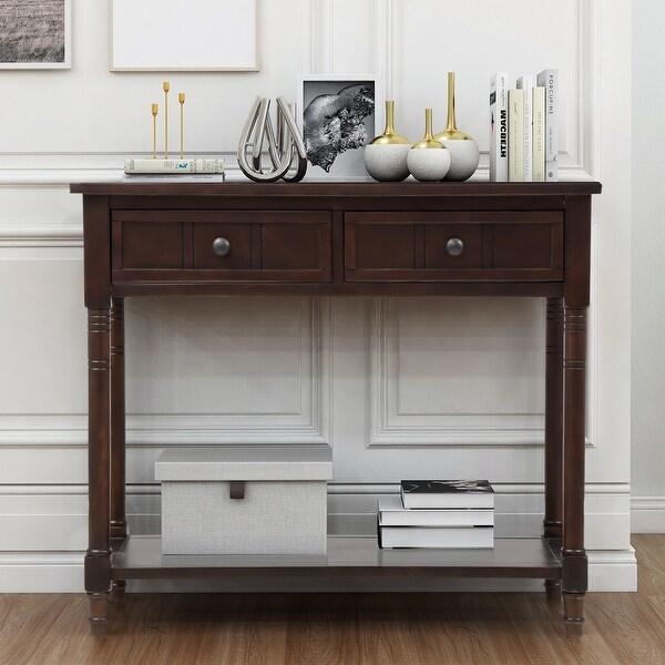 Espresso Wood 2-Drawers Console End Table with Bottom Shelf