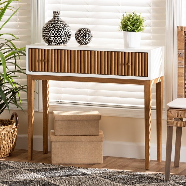 Odile Mid-Century Modern Two-Tone Natural Brown and White Bayur Wood 1-Drawer Console Table