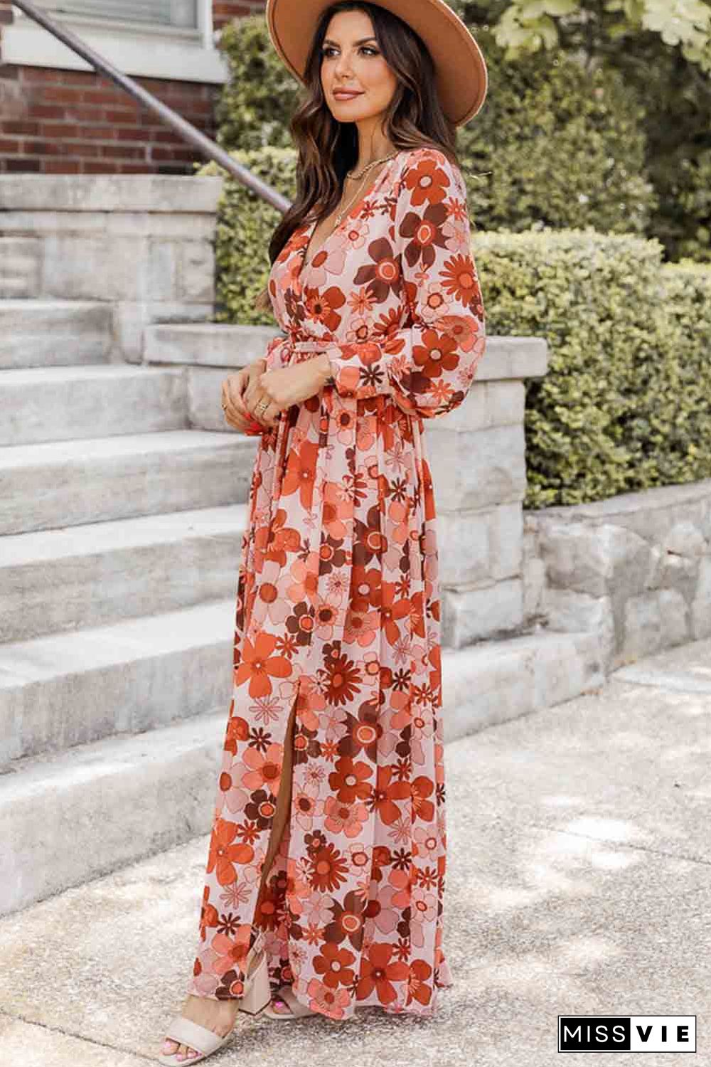 Orange Floral V-Neck Long Sleeve Belted Maxi Dress