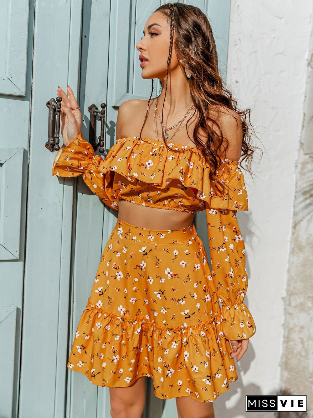 Printed Off Shoulder Top And Tiered Skirt Set